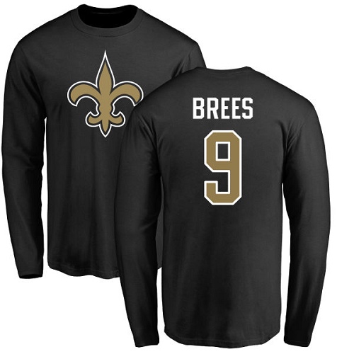 Men New Orleans Saints Black Drew Brees Name and Number Logo NFL Football #9 Long Sleeve T Shirt->new orleans saints->NFL Jersey